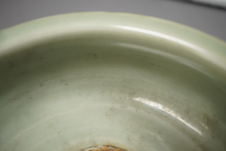 A Chinese Longquan celadon crackle glazed tripod censer, Ming dynasty or later